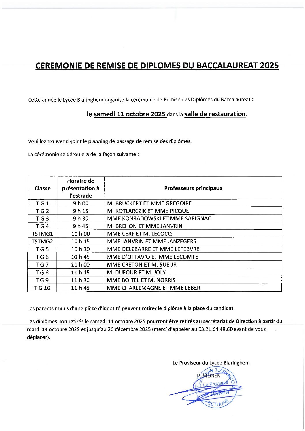 Planning remise de diplôme